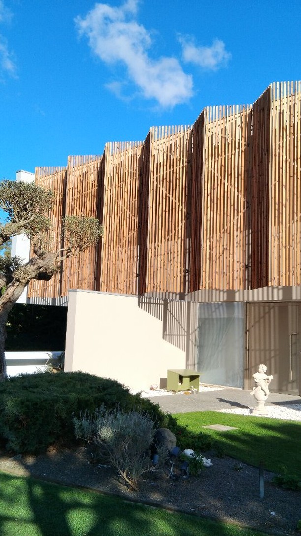 Fachada com acabamento em madeira